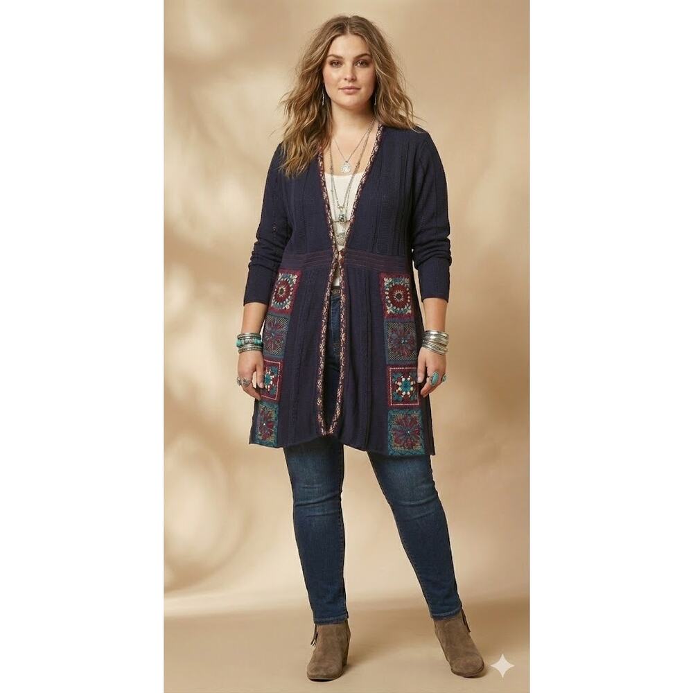 Joe Browns Cardigan Sweater US 16 18 Blue Boho Patchwork Crochet Longline Cotton
